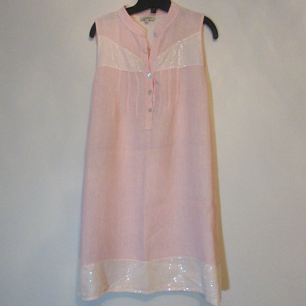 Via SIGNORIA 100% Linen Shift Pink Dress with Cotton Lace Made in Italy Small